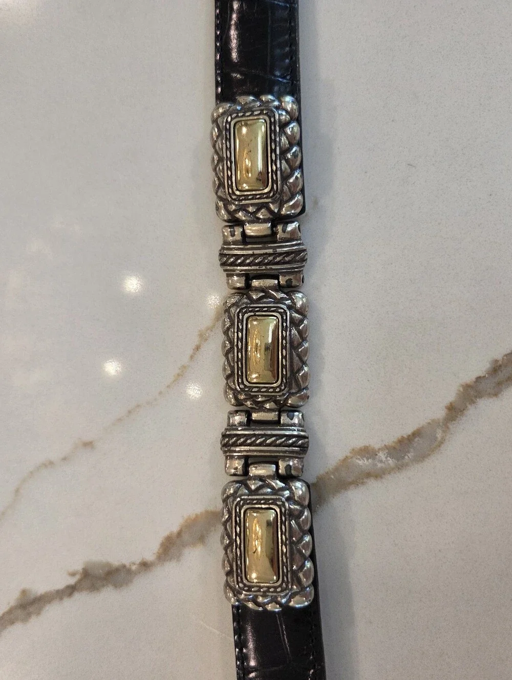 Brighton Leather Belt Black Croc Embossed Western Silver Gold Statement Boho